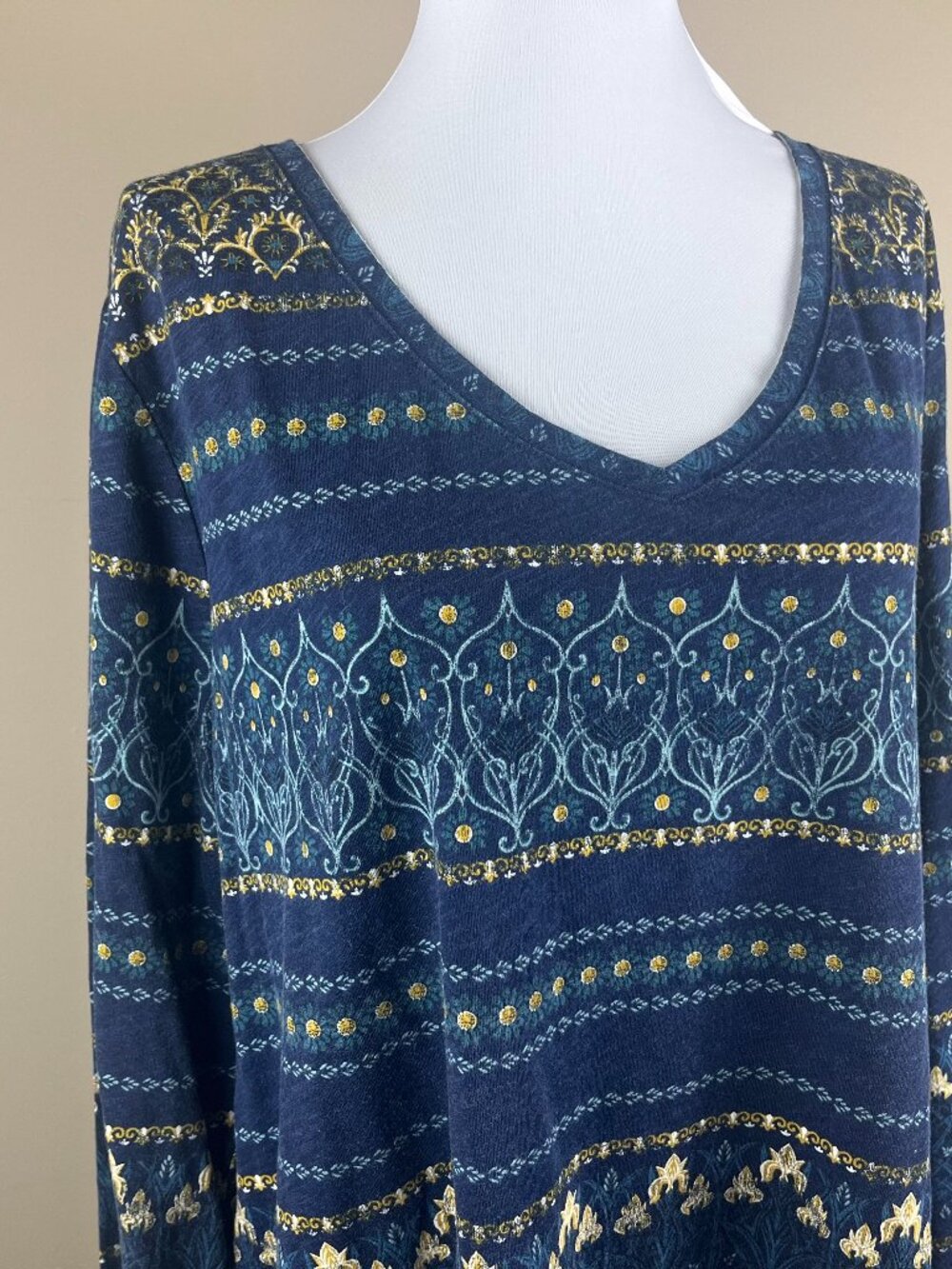 Sonoma Long Sleeve Tee Top Plus Size 2X Blue Green Tan, Floral, V-neck